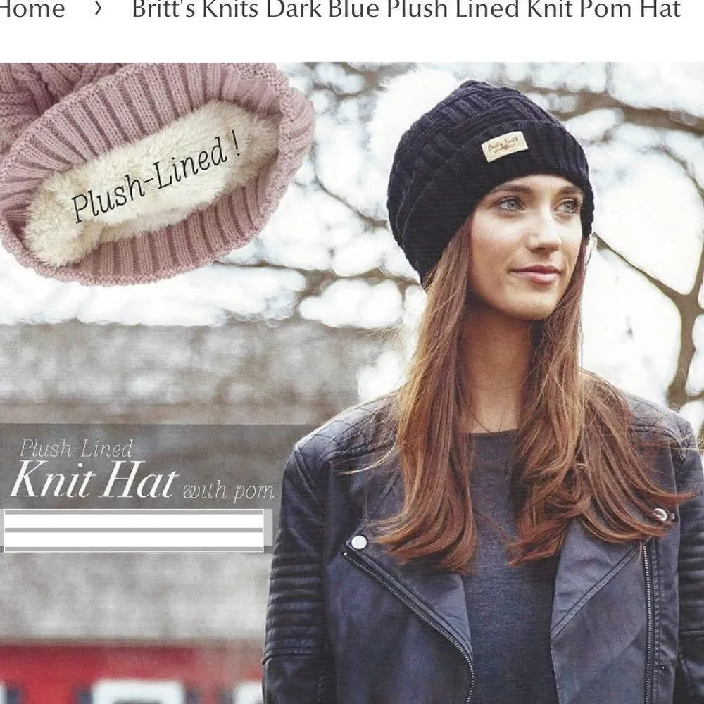 Britt's Knits Dark Blue Plush Lined Knit Pom Hat & Button Accent Gloves OS EUC!